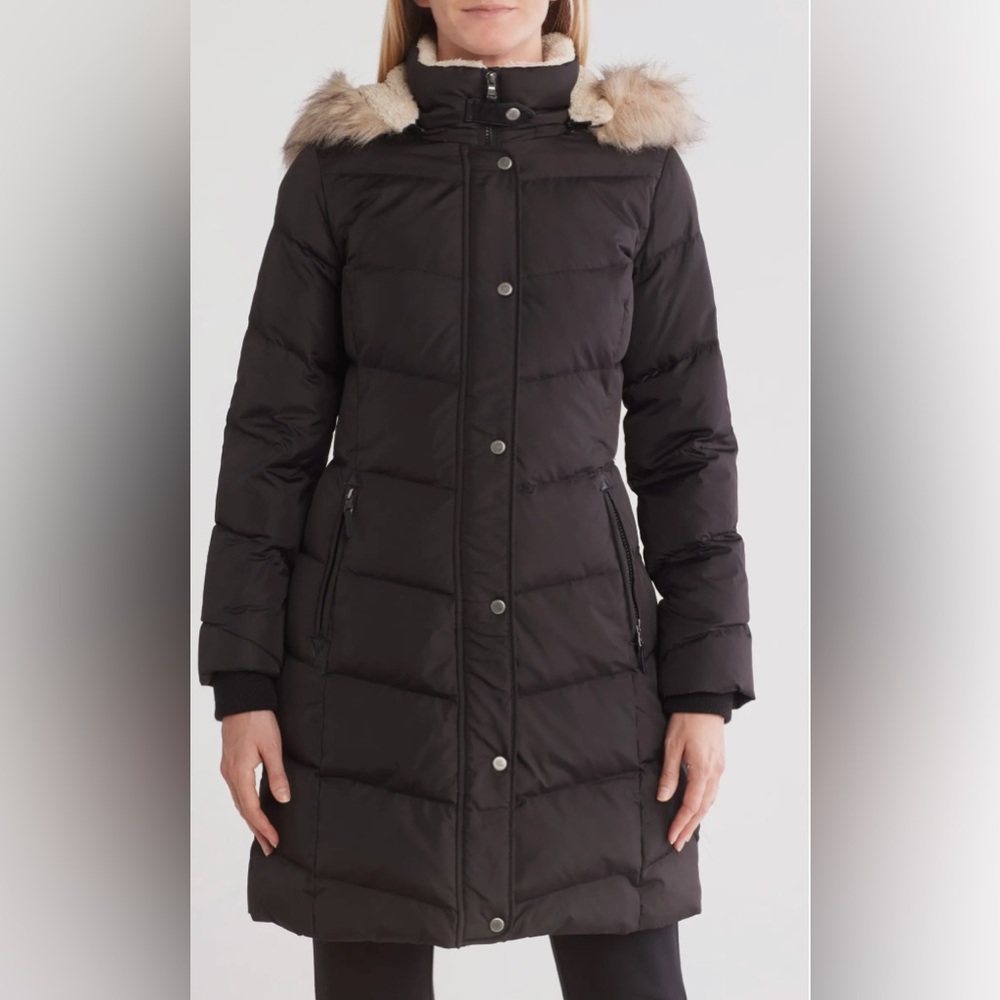 Lauren Ralph Lauren Black Faux Fur Trim Hooded Down Puffer Coat Long Jacket